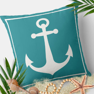 Turquoise en White Anchor Nautical Boat Beach Kussen