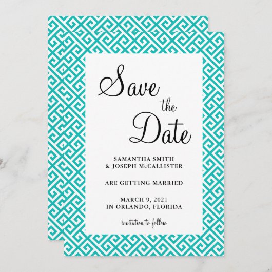 Turquoise en White Diagonal Greek Key Pattern Save The Date (Voorkant / Achterkant)