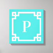 Turquoise en White Greek Key Border Monogram Canvas Afdruk (Voorkant)