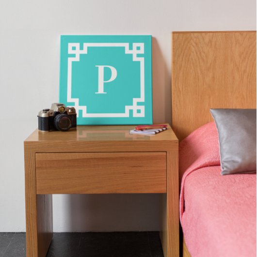 Turquoise en White Greek Key Border Monogram Canvas Afdruk