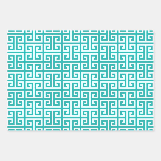 Turquoise en White Greek Key Pattern Inpakpapier Vel (Voorkant 3)