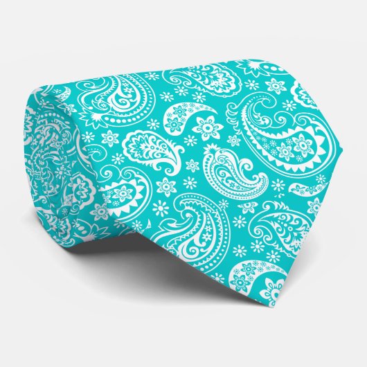 Turquoise en White Paisley Pattern Stropdas (Opgerold)