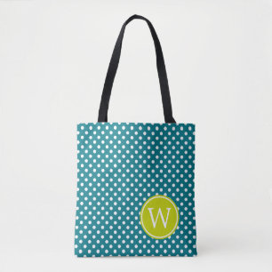 Turquoise en White Polka Dot with Limoen Monogram Tote Bag
