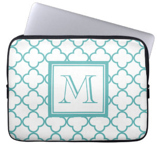 Turquoise en White Quatrefoil Uw monogram Laptop Sleeve