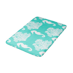 Turquoise en White Seahorse Coastal Pattern Badmat