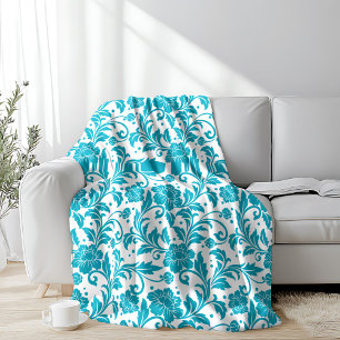 Turquoise en wit bloemendamaskpatroon fleece deken