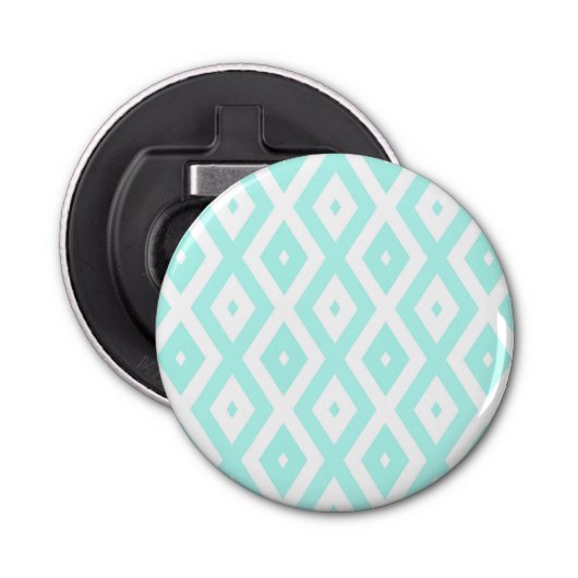 Turquoise en wit diamantpatroon button flesopener (Voorkant)