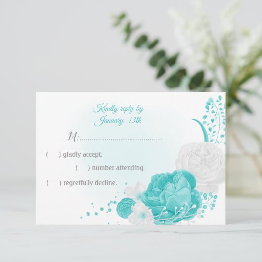 turquoise en witte bloemen botanisch RSVP kaartje (Staand voorkant)