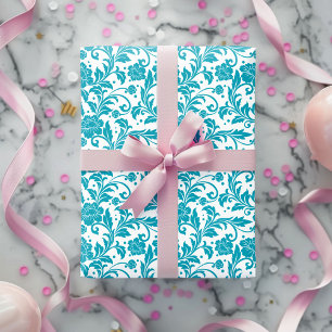 Turquoise en witte bloemendamaskpatroon cadeaupapier