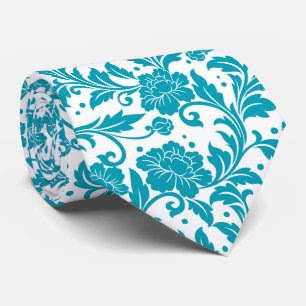 Turquoise en witte bloemendamaskpatroon stropdas