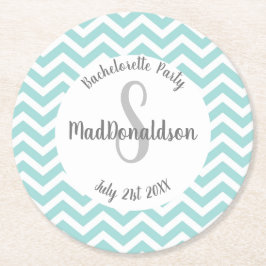 turquoise en witte chevron monogram feestje ronde kartonnen onderzetter