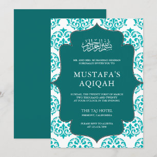 Turquoise en Witte Damast Islamitische Aqiqah Cere Kaart