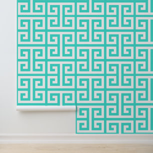 Turquoise en Witte Grote Griekse Sleutel Behang