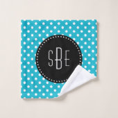Turquoise en witte polka dots met zwart monogram bad handdoek (Wasdoekje)