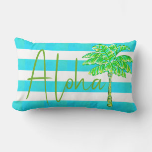 Turquoise en witte streep palmboom Aloha Buitenkussen