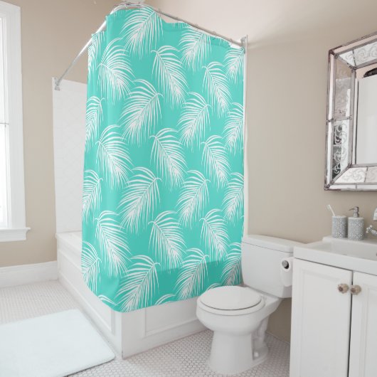 Turquoise en witte tropische palm douchegordijn (In situ)