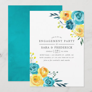 Turquoise en Yellow Floral Engagement Party Kaart