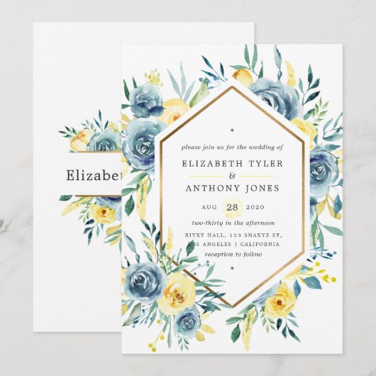 Turquoise en Yellow Floral Wedding Kaart (Voorkant / Achterkant)