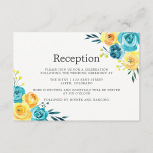Turquoise en Yellow Floral Wedding Reception Informatiekaartje