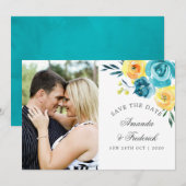 Turquoise en Yellow Floral Wedding Save the Date (Voorkant / Achterkant)