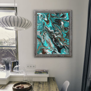 Turquoise en zwart satijn Fluid Art Foto Afdruk
