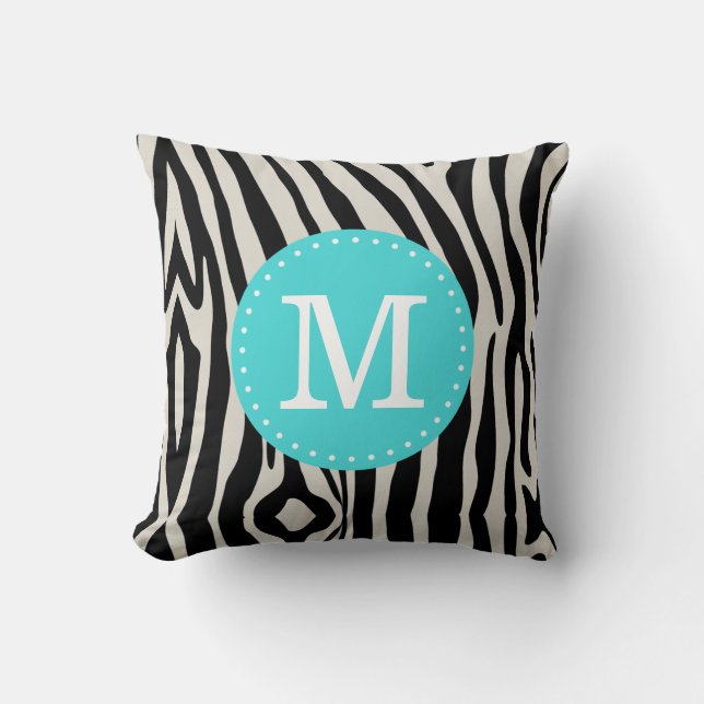 Turquoise en zwarte Zebra Stripe Custom Monogram Kussen (Voorkant)