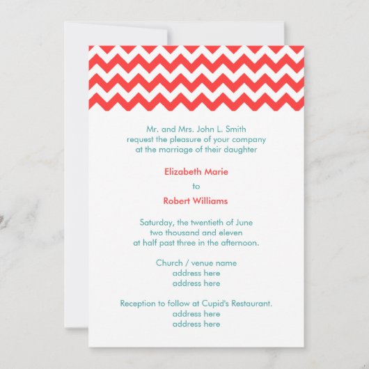 Turquoise et Coral Chevron Faire-part de mariage (Devant)