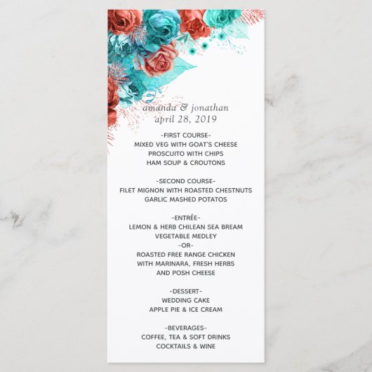 Turquoise et Coral Tropical Mariage Menu (Devant)