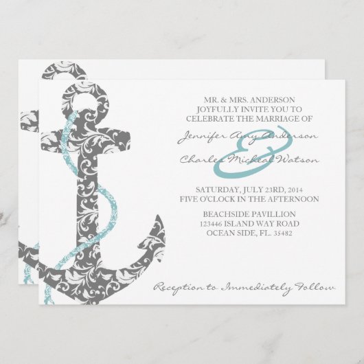 Turquoise et gris Ancre Plage Mariage Invitation (Devant / Derrière)