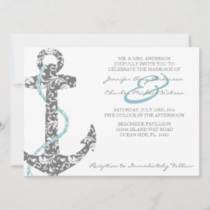 Turquoise et gris Ancre Plage Mariage Invitation