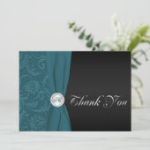 Turquoise et noir Damask Monogramme Carte de remer (Debout devant)