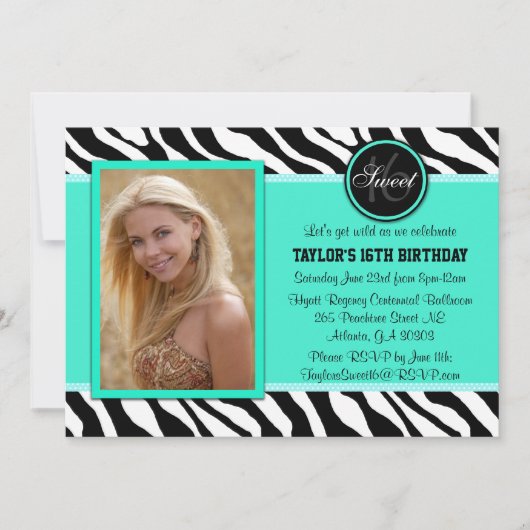 Turquoise et noir Zebra Imprimer Invitation photo (Devant)