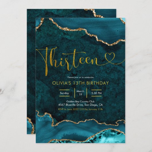 Turquoise et or Agate 13e anniversaire Invitation (Devant / Derrière)