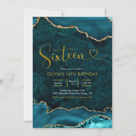Turquoise et or Agate 16e anniversaire Invitation (Devant)