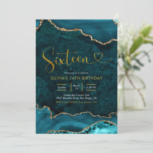Turquoise et or Agate 16e anniversaire Invitation (Debout devant)