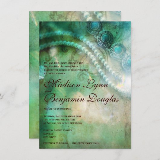 Turquoise et Perles Mariages Rustiques Invitations (Devant / Derrière)