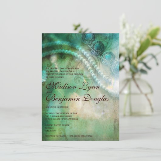 Turquoise et Perles Mariages Rustiques Invitations (Debout devant)