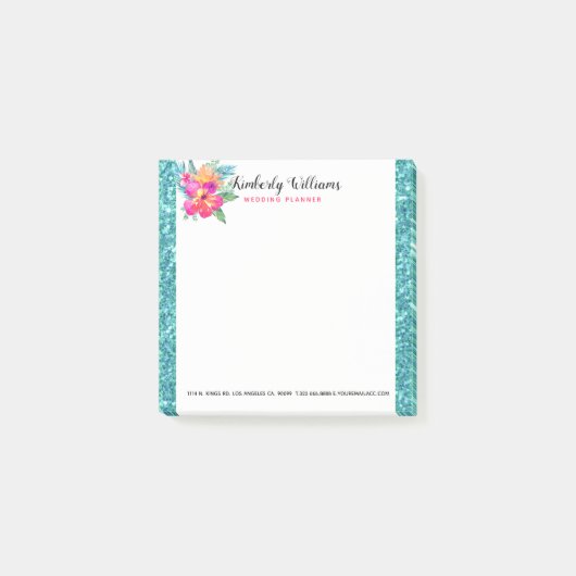 Turquoise faux glitter & bloemboeket post-it® notes (Voorkant)