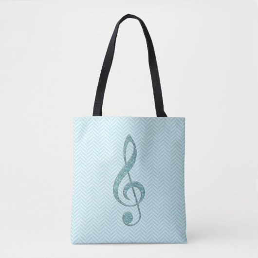 Turquoise Faux Glitter Treble Clef op Chevron Draagtas (Voorkant)