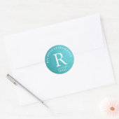Turquoise faux leer omcirkeld monogram ronde sticker (Envelop)