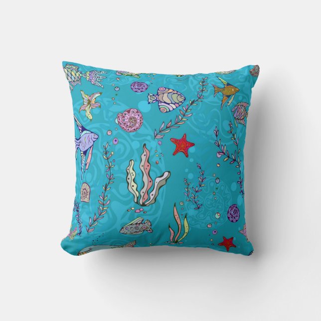 Turquoise Fish Pattern Kussen (Voorkant)