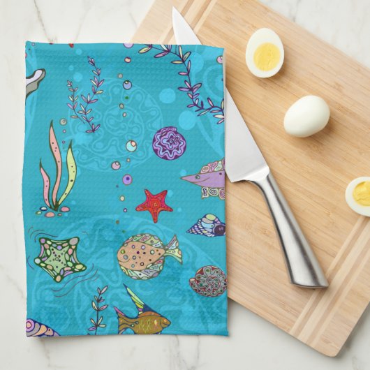 Turquoise Fish Pattern Theedoek (Quarter Fold)