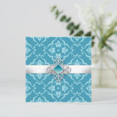 Turquoise Floral Damask Wedding Kaart (Staand voorkant)