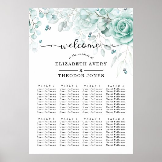 Turquoise Floral Elegant Wedding Poster (Voorkant)