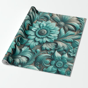 Turquoise Floral Gereedschapspatroon Turquoise Bla Cadeaupapier