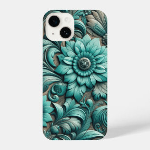 Turquoise Floral Gereedschapspatroon Turquoise Bla iPhone 14 Hoesje