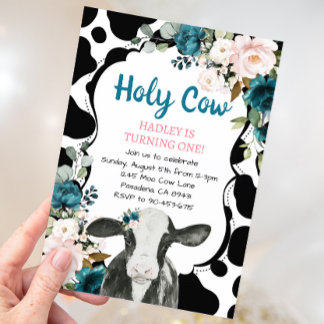 Turquoise Floral Holy Koe Ik ben een eerste verjaa Kaart