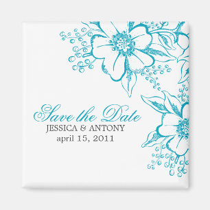 Turquoise Floral Letterpress Style Wedding Magneet