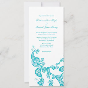 Turquoise Floral Peacock Chic Wedding Invitation 2 Kaart