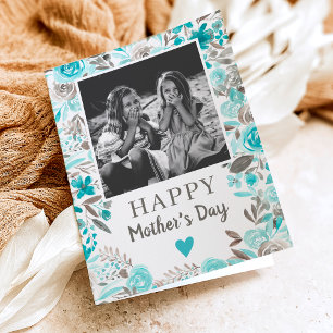 Turquoise Floral waterverf gedicht foto Moeder dag Kaart